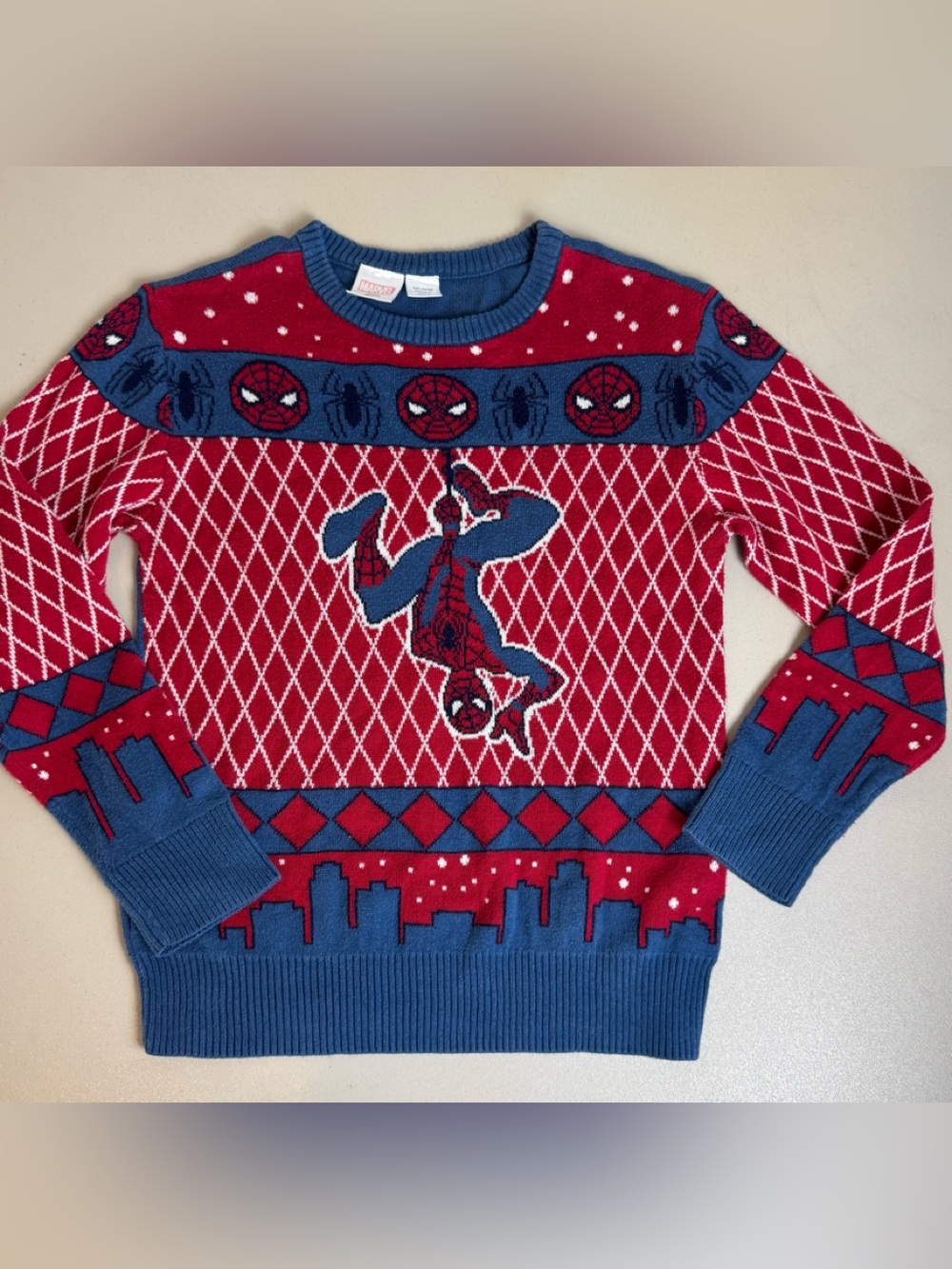 Boys Marvel Spider Man Holiday Long Sleeve Pullover Sweater Size Medium Youth
